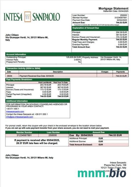 Włochy Intesa Sanpaolo wyciąg z kredytu hipotecznego szablon Word i PDF